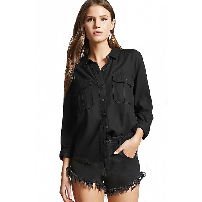 Women's Black Regular Fit Double Pocket Casual Shirt