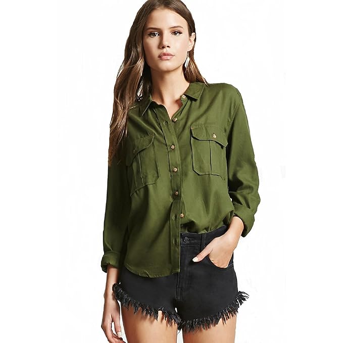 Women's Olive Green Regular Fit Double Pocket Casual Shirt