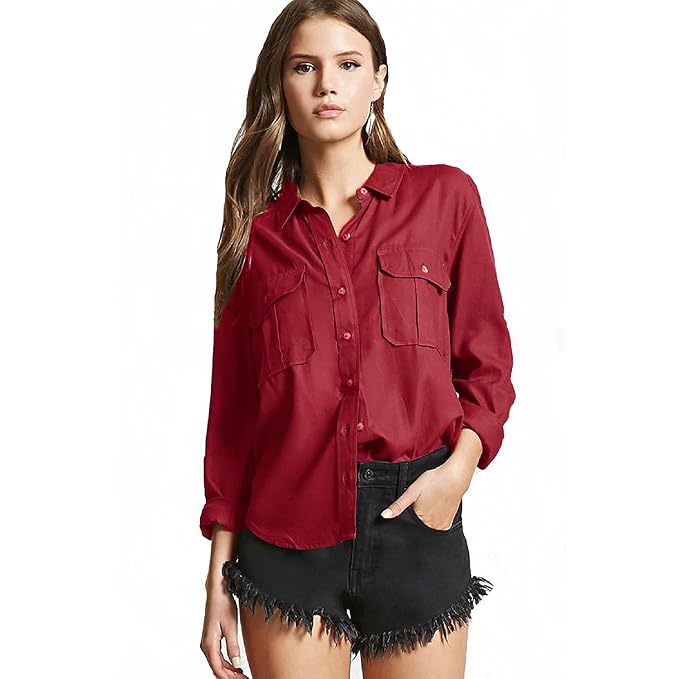 Women's Maroon Regular Fit Double Pocket Casual Shirt