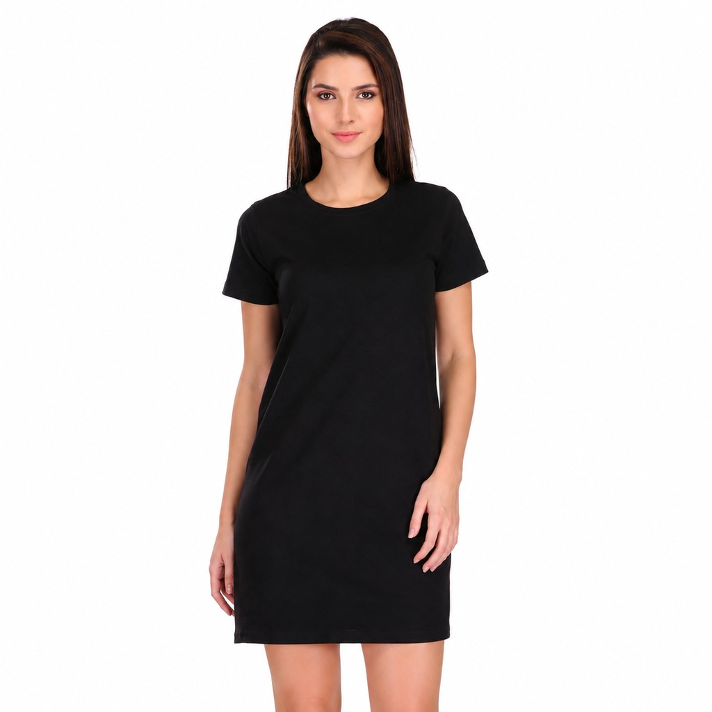 Women’s Solid Round Neck Half Sleeve T-Shirt Dress | Casual Regular Fit Dress | Black