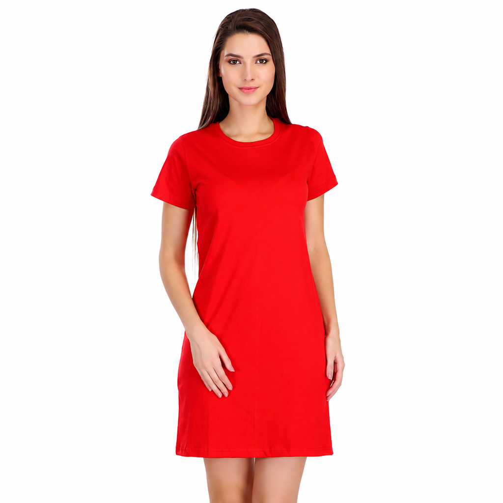 Women’s Solid Round Neck Half Sleeve T-Shirt Dress | Casual Regular Fit Dress | Red