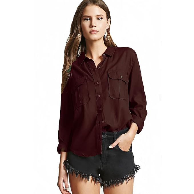 Women's Coffee Regular Fit Double Pocket Casual Shirt