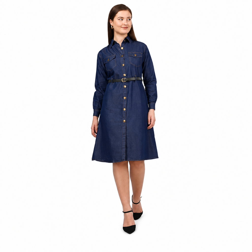Elegant Silky Denim Dress for Women | Long Length, Full Sleeves