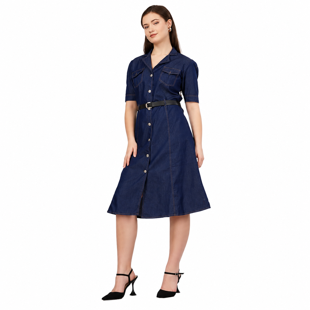 Silky Denim Long Dress with Half Sleeves for Women | Dark Blue