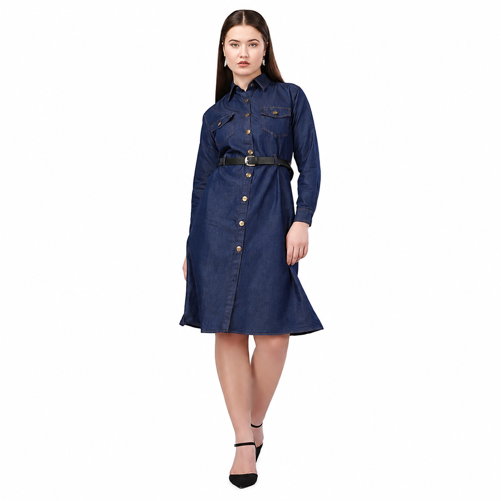 Silky Denim Long Dress with Full Sleeves for Women | Dark Blue