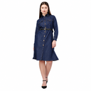 Silky Denim Long Dress with Full Sleeves for Women | Dark Blue
