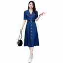 Short Sleeves Silky Denim A-Line Midi Long Dress for Women