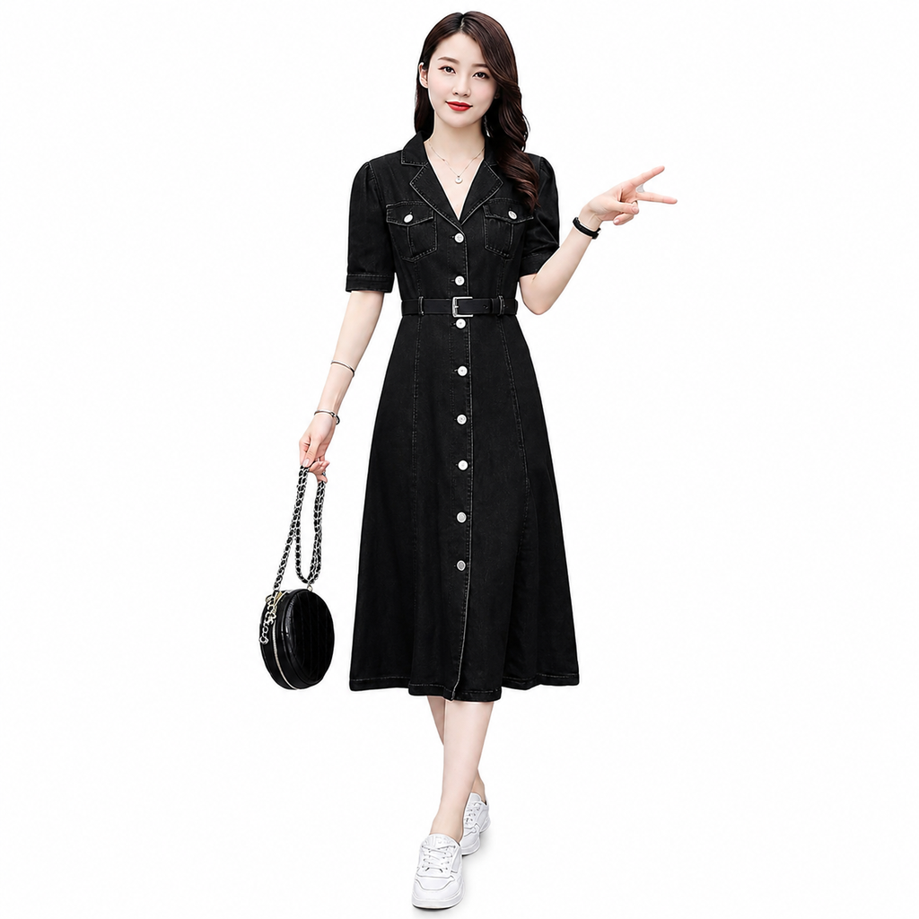 Women's Black Denim Shirt Dress | Half Sleeve | Button-Down Midi Dress with Belt | Casual Soft Cotton Blend