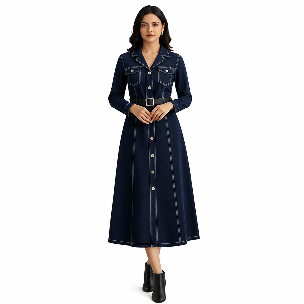 Women's Dark Blue Denim Shirt Dress | Full Sleeve | Button-Down Midi Dress with Belt | Premium Denim | Casual, Office