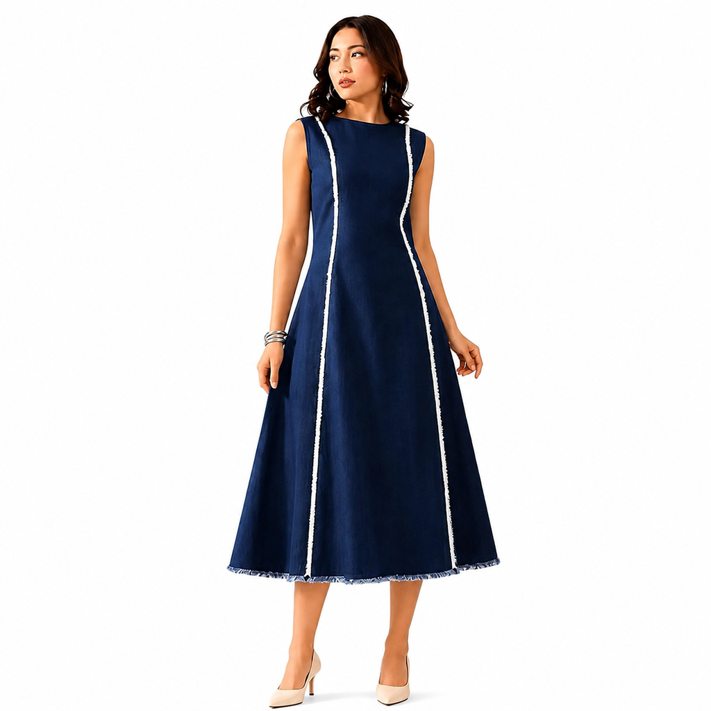 Women's Indigo Denim A-Line Midi Dress with Raw Fringe Panel Detailing | Sleeveless Casual Cotton Dress